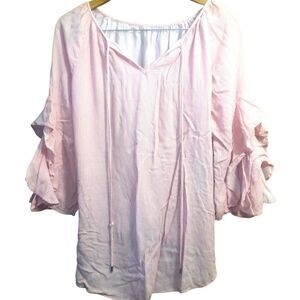 Cupio Blush 3/4 Sleeve With Ruffle White Pink Striped V Neck Blouse Viscose